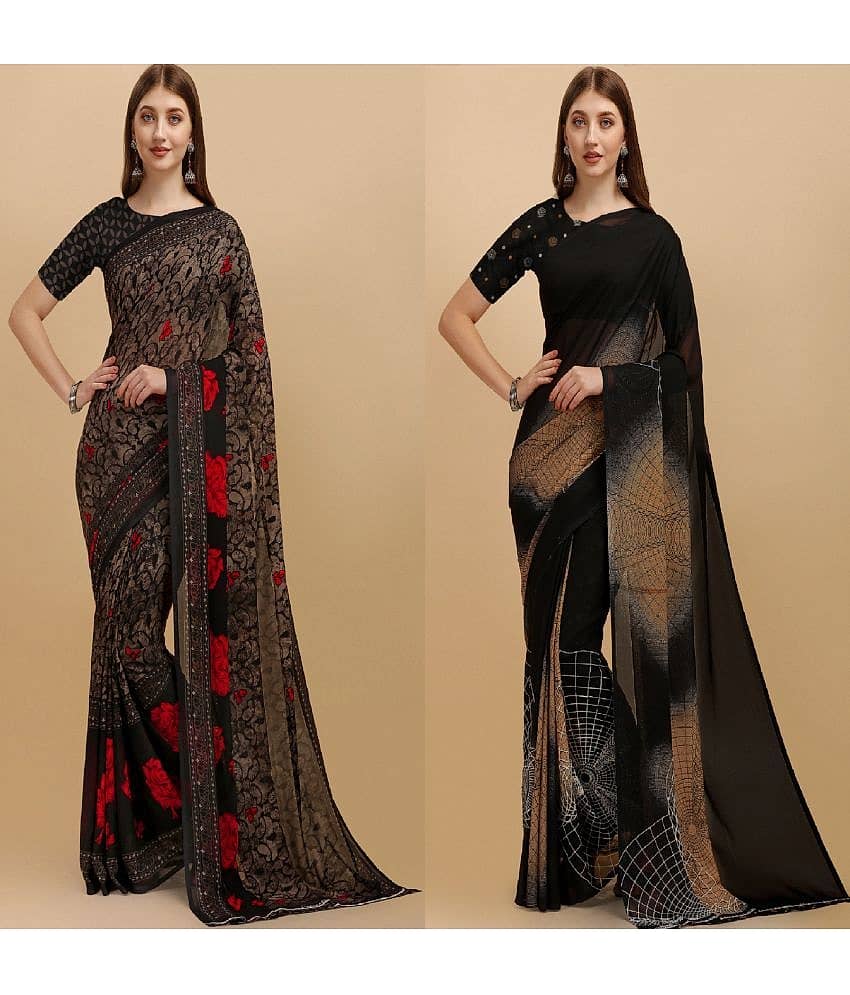 LEELAVATI Georgette Printed Saree With Unstitched Blouse Piece ( Black )