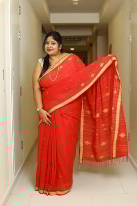 Sajani-Jamdani Weaving Handloom Cotton / Cotton by Cotton / Orangish Red