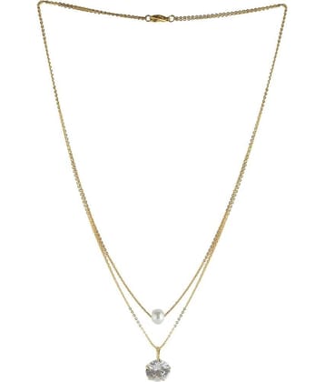 Stylish American Diamond and White Pearl 2 Layer Necklace Golden Satari Chain Pendant for Women and Girls
