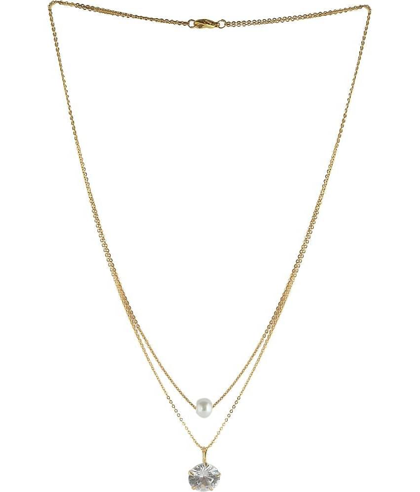 Stylish American Diamond and White Pearl 2 Layer Necklace Golden Satari Chain Pendant for Women and Girls