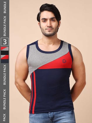 Men's Assorted Pack of 3 Solid Combed Cotton Racerback Styled Gym Vest