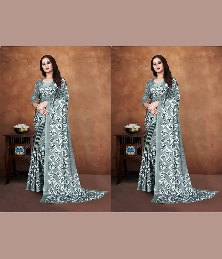 JIHANA FAB Georgette Printed Saree With Unstitched Blouse Piece ( Green )