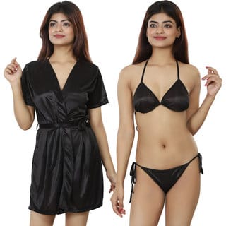 Nivcy Women Solid Satin Nightwear Robe and Lingerie Set Black Small