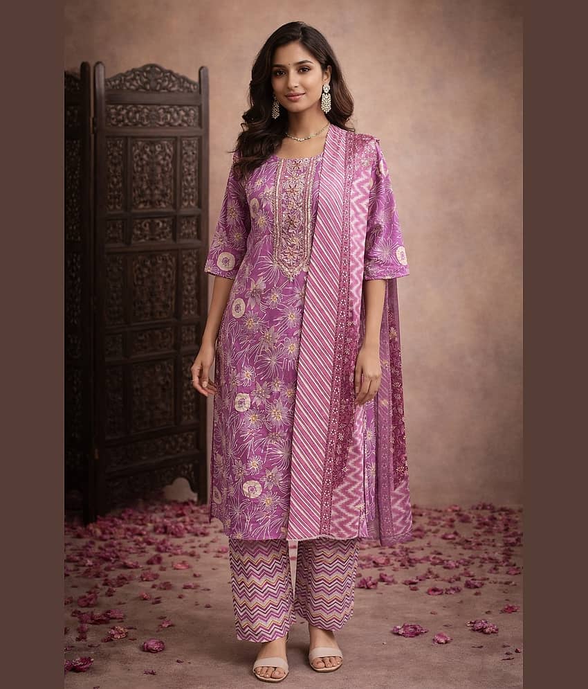 Aarika Women Cotton Printed Straight Kurti With Pants ( Purple )
