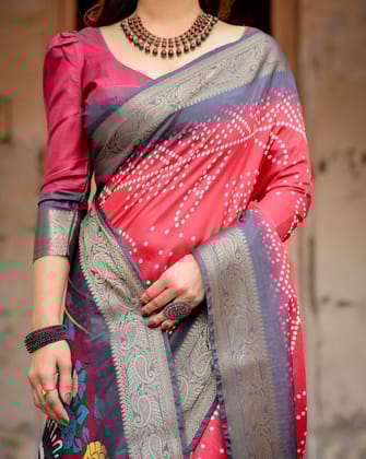 Crimson Red Tussar Silk Saree with Bandhani Patterns, Zari Border, and Vibrant Artistic Pallu-Regular