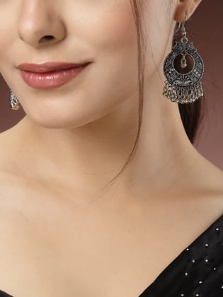 NVR Women Silver-Plated German Silver Oxidised Chandbali Earrings-Onesize / Silver / German Silver