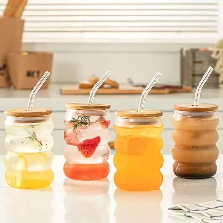 Drinking Glasses with Bamboo Lids and Glass Straw 400 ML Travel Sipper for Juice Water Smoothies Cocktail Beer Mugs Iced Coffee Milkshakes (Pack of 2)
