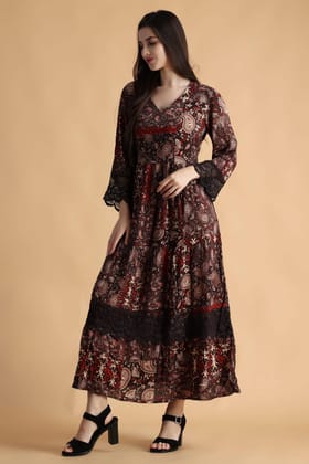 Brown Abstract Printed Dress with Lace-0XL / Brown