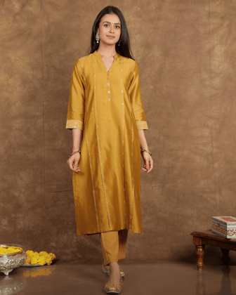 Zaalima Chanderi Silk Kurta and Pant Set with collar neck in old gold colour-S