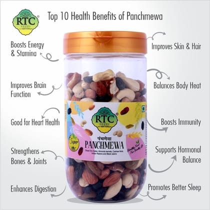 RTC Panchmewa Jar 400 Gms I Healthy Snacking I Dryfruit Mix I Dried Sliced Dates I Almonds I Whole Cashew I Black Raisins seedless I Golden Raisins I Good for Fasting I Healthy Mix