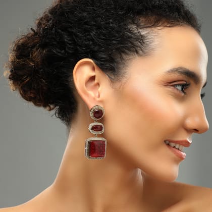 Pinnacle Stone Studded Earrings-CZ DIAMOND/STONES ALLOY / RED/GOLD