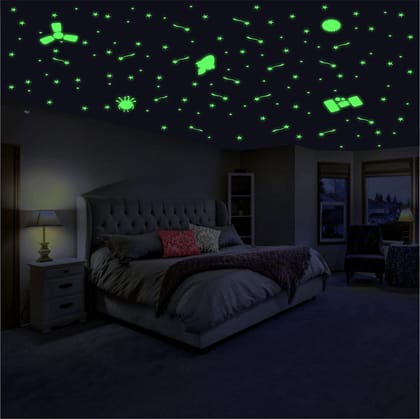 DreamKraft 100 Pieces Rocket with Stars and Space Elements - Glow in The Dark Sticker For Kids Room Decor