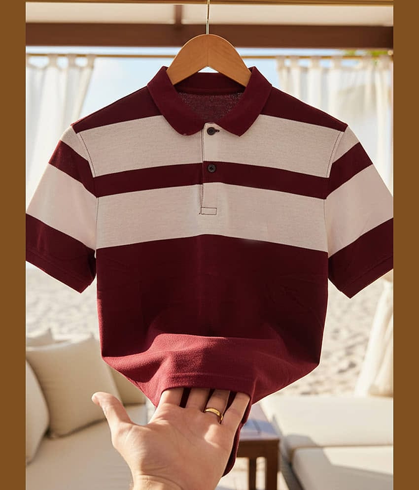GET GOLF Men Cotton Blend Regular Fit Striped Polo T Shirt ( Maroon )
