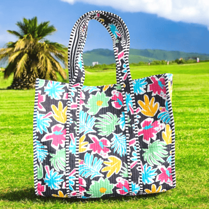Handmade Quilted Tote Bag- Black Floral