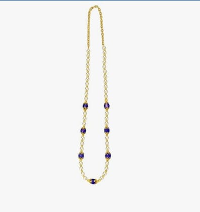 Pearl and Blue Bead Necklace, Gold Chain, Traditional Jewelry, Long Strand Design