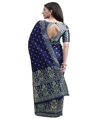 Women's Banarasi Silk Designer Weaving Saree with Unstitched Blouse (Blue, 5.50 Mtrs)