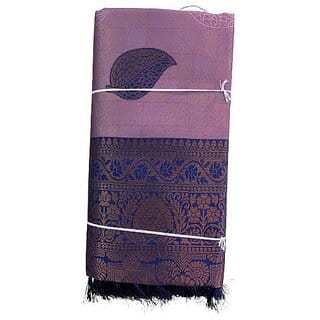 Womens English Color Saree Soft Silk Blend with Square Weave  Leaf Motif Butta Lightweight Pastel Silk Saree with Tassels and paisley design Contrast Border Silk Sare (Lavender with Navy Blue)