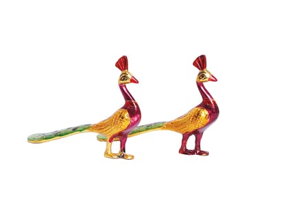 DreamKraft Metal Glossy Antique Finish Sitting Peacock Statue, Colourfull Peacock Pair Showpiece Figurines for Home and Office Decor - Set of 2 (Multicolor - 12 x 15 x 12 cm)