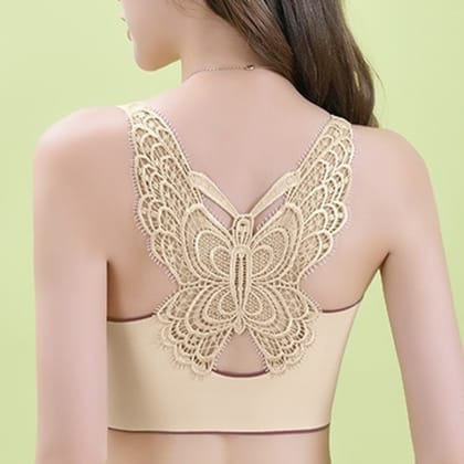 Net Butterfly Back Stretchable Multi-purpose heart neckline Sports Bra-30B / Beige
