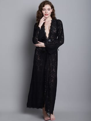 Fully Intricate Lacy Robe -  Black-M / Black