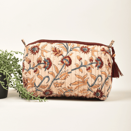 Cream Kalamkari quilted travel pouch