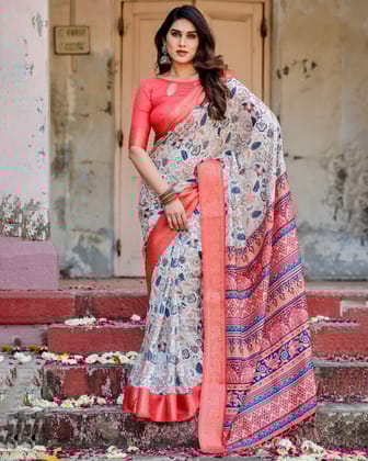Ivory Tussar Silk Saree with Coral Zari Border and Intricate Floral Motifs-Regular
