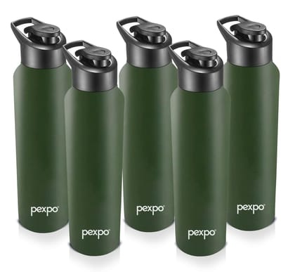 PEXPO Stainless Steel Sports/Fridge Water Bottle, 1000 ml, Pack Of 5, Military Green, Chromo | Wide Mouth & Leak-Proof Water Bottle