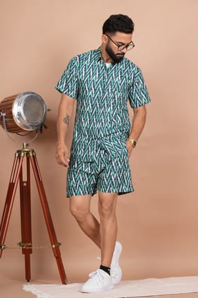 Stylish Zigzag Green, Blue, and White Print Co-ords Set-S / Green / 100% Cotton