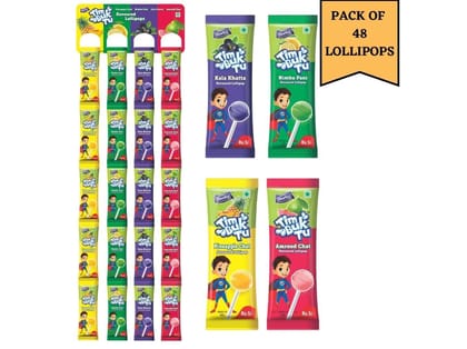Derby Delightful Tim Buk Tu Assorted Lollipop Strip & 4 tasty Chat Flavour (48 pcs Lollipops, 11.5g Each) - Pack Of 2 (1 STEEL BOTTLE FREE)