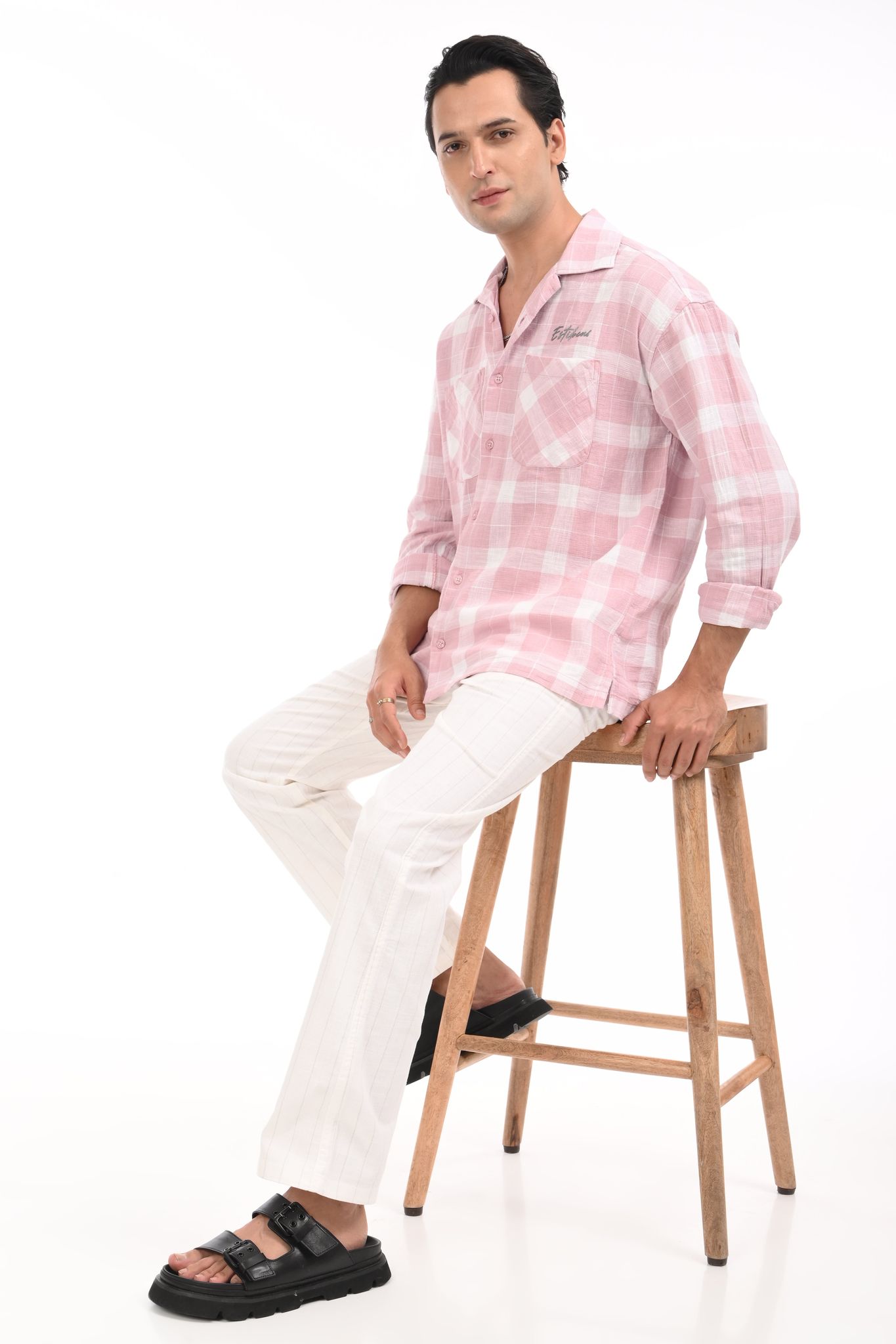 Blush Pink Grid Oversized Checkered Shirt-M / Light Pink