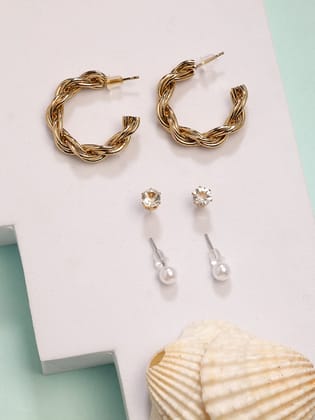 NVR Women's Set of 3 Gold-Plated Artificial Stones Half Hoop Earrings-Onesize / Gold / Alloy