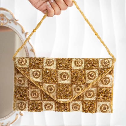 Gold Square Pattern Crystal Clutch Bag