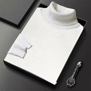 Fashlook Solid High Neck Wool Blend Casual White Full Sleeve T-Shirt For Mens