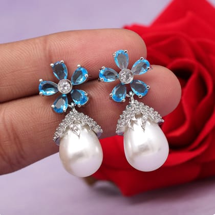 Firozi Color American Diamond Earrings-Length: 3.30 CM x Width: 1.00 CM / Blue / Brass With Good Quality Silver Plated