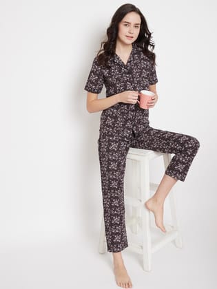 Brown Printed Slim Fit Night Suits-S / Brown