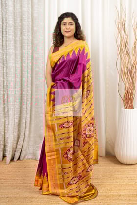 Bandha Border Khandua Ikkat Silk Saree - Magenta