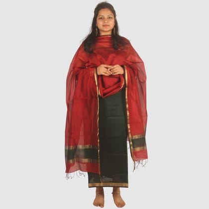 Deep Red Maheshwari Silk Cotton Dress Material with Bottle Green Bottom and Gold Zari Border