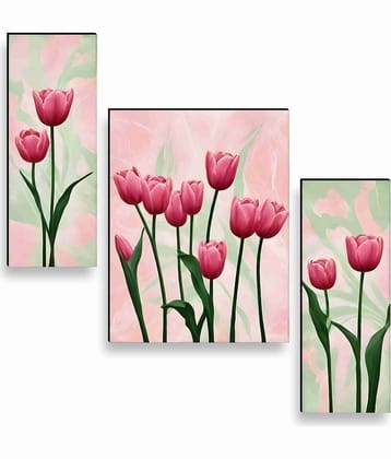 Livin'luxe Pink Tulip Flower Wall Art – 3 Panel Botanical Painting with Soft Pastel Background for Bedroom, Living Room & Nature Décor 12 Inch x 20 Inch
