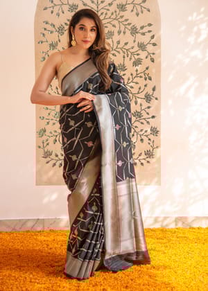 Midnight Arabesque: Spade Black Banarasi Katan Silk Saree with Meenakari Floral Jangla