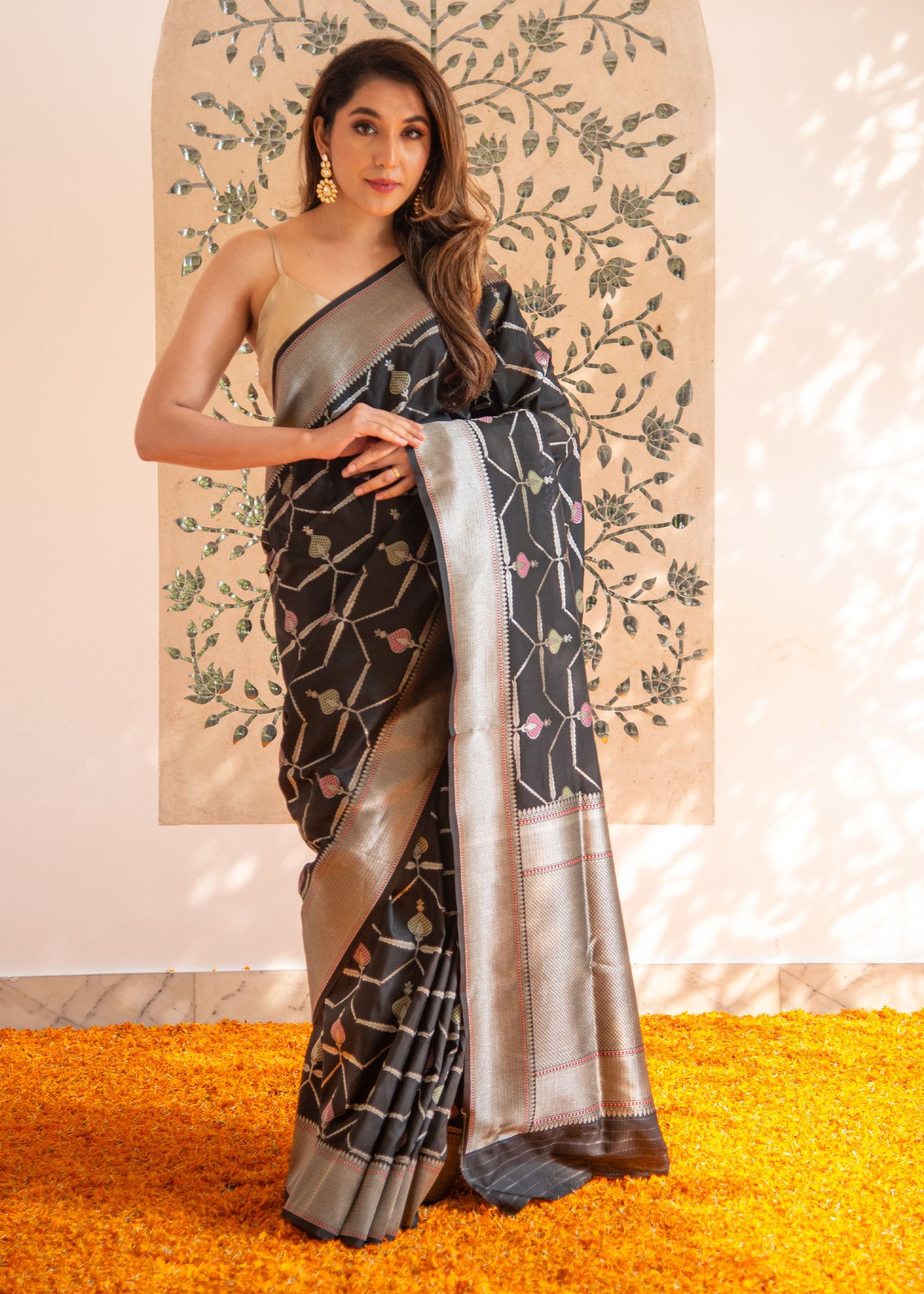 Midnight Arabesque: Spade Black Banarasi Katan Silk Saree with Meenakari Floral Jangla