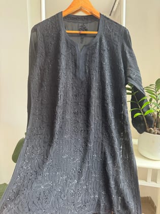 Chikankari Viscose Georgette short Top in Black-Black / Viscose Georgette / M