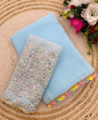 Shefon Silk Sky Blue Saree with Elegant Net Blouse