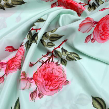 Red Rose Laying on Pista Base Digital Printed Fabric-Polyester / Japan Satin / 110 CM | 43 Inch