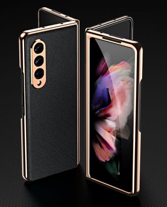 Black Premium Leather Gold Electroplated Luxury Cover (with Glass Front Panel)-Samsung Galaxy Z Fold 3
