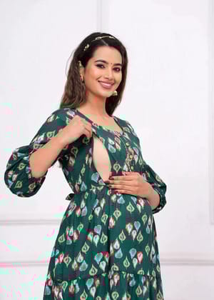ComfyFeed Cambric Pure Cotton Maternity Cum Feeding Kurti(Green)-M