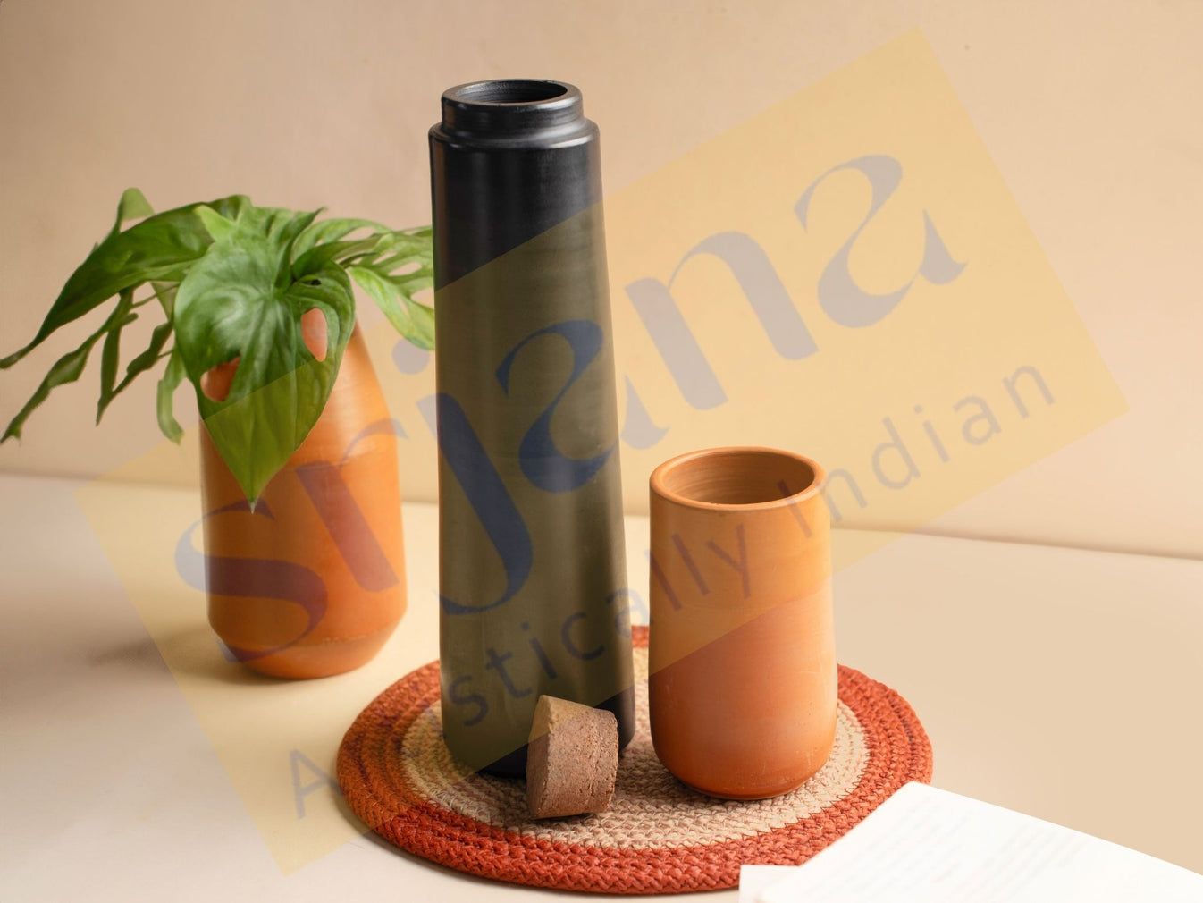 Srjana Handicraft Terracotta Black Bottle with Tumbler Set of 2