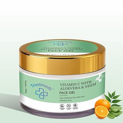 Trustmeds Vitamin C with Aloe Vera & Neem Face Gel, Glow Hydration, Even Skin Tone, Reduce Acne, 50gm