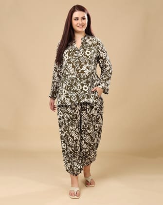 Olive Green Ethnic Printed Night Suit Set-L / L / Green