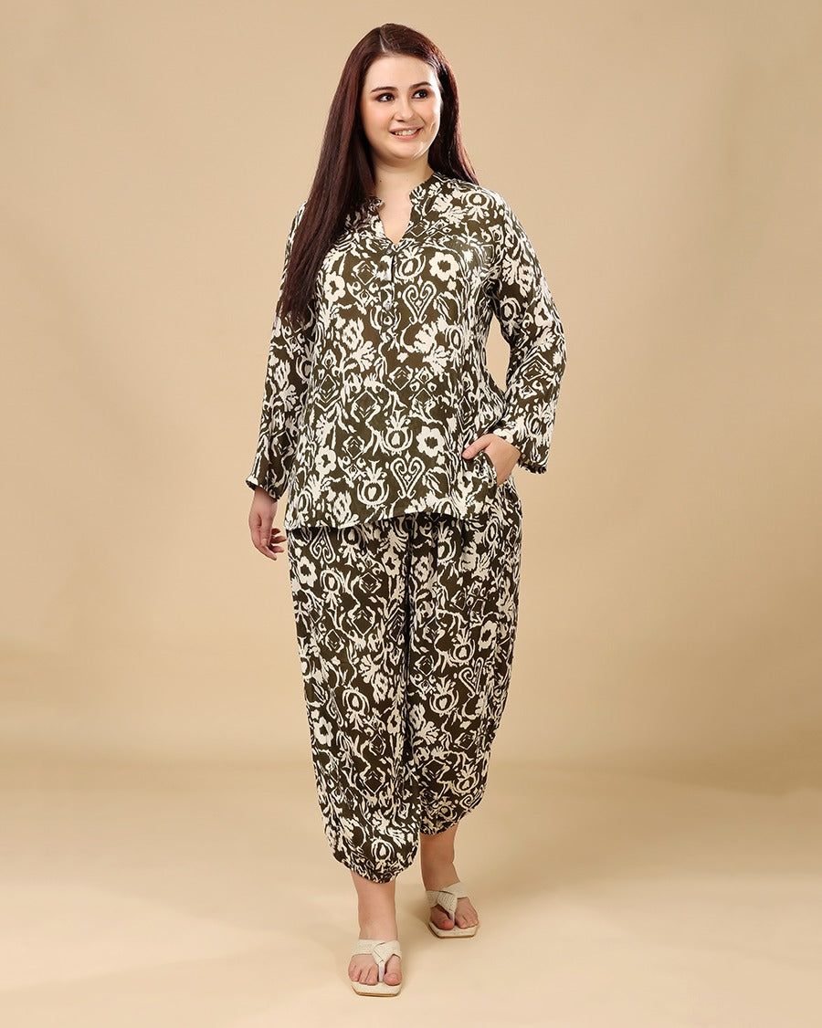 Olive Green Ethnic Printed Night Suit Set-L / L / Green