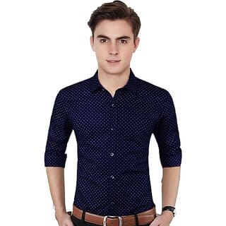 Fashlook Polka Print Curved Collar Regular Fit Cotton Blend Formal Blue Shirt For Mens Fashlook Polka Print Curved Collar Regular Fit Cotton Blend Formal Blue Shirt For Mens